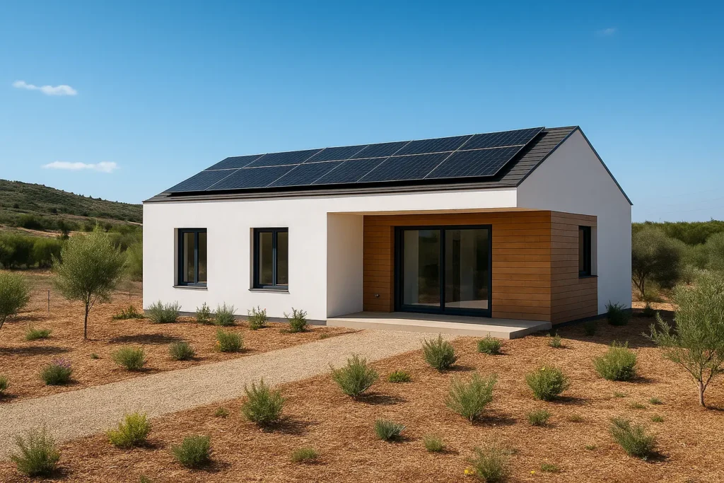 Casa modular ecologica de una planta con fachada blanca y madera, cubierta con paneles solares y jardin de bajo consumo de agua en un entorno rural de España