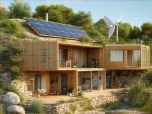 Casa modular ecologica de dos plantas integrada en una ladera de piedra, con fachada de madera, paneles solares en la cubierta y aerogenerador rodeada de vegetacion en España
