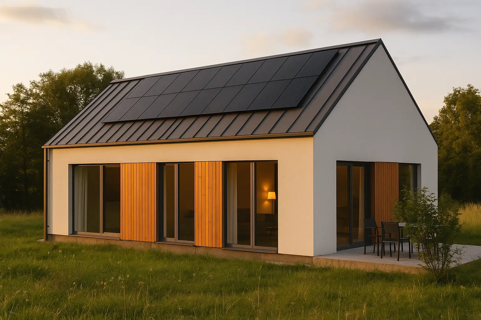 Casa Passivhaus moderna de una planta con fachada blanca, paneles solares en la cubierta y grandes ventanales, rodeada de césped y árboles al atardecer