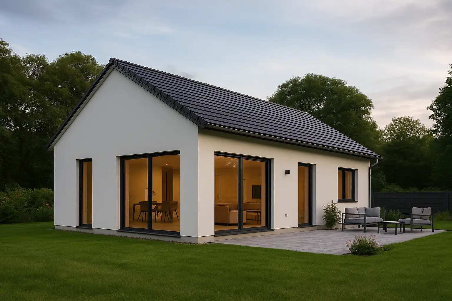 Casa Passivhaus moderna de una planta con fachada blanca, grandes ventanales y terraza con mobiliario exterior, rodeada de césped y árboles