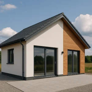 Fachada de una casa Passivhaus de una planta, con tejado a dos aguas, grandes ventanales y revestimiento de madera en un entorno natural
