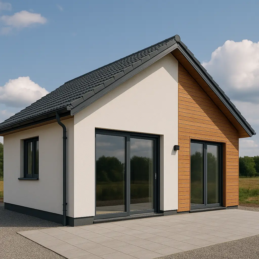 Fachada de una casa Passivhaus de una planta, con tejado a dos aguas, grandes ventanales y revestimiento de madera en un entorno natural