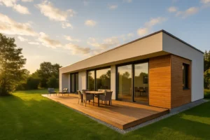 Casa prefabricada moderna de una planta con fachada blanca y revestimiento de madera, gran terraza de madera y jardín verde iluminados por el sol del atardecer