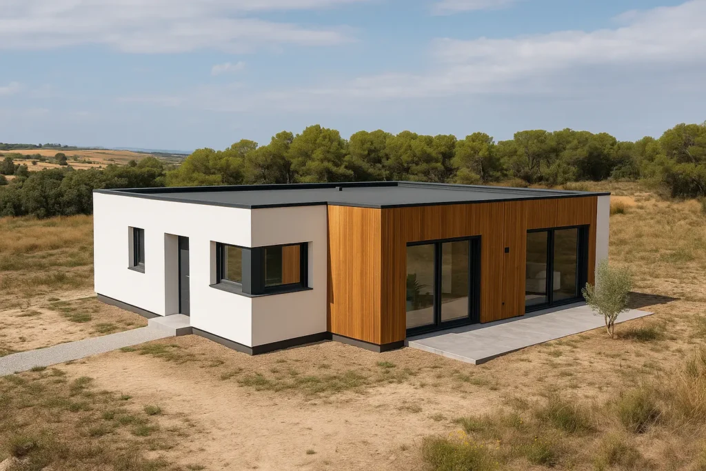 Vista ligeramente aerea de una casa prefabricada moderna de una planta, con fachada blanca y madera, situada en una parcela rural en España
