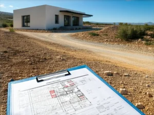 Plano de una vivienda prefabricada sobre un portapapeles en primer plano, con una casa moderna de una planta al fondo en una parcela rural de España