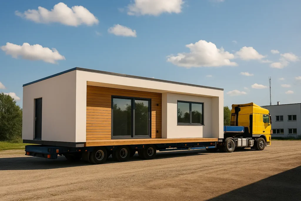 Camión trasladando un módulo de casa prefabricada moderna con fachada blanca y madera desde la fábrica rumbo a la parcela