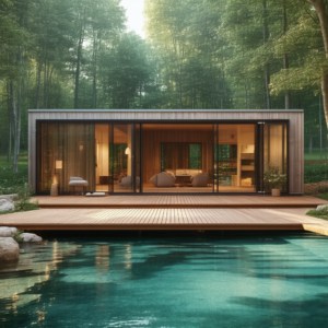casa modular pequeña de madera frente alberca de agua y arboles_